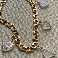 1964 Double link charm bracelet in 18k gold with quartz hearts- 7.75 inch length