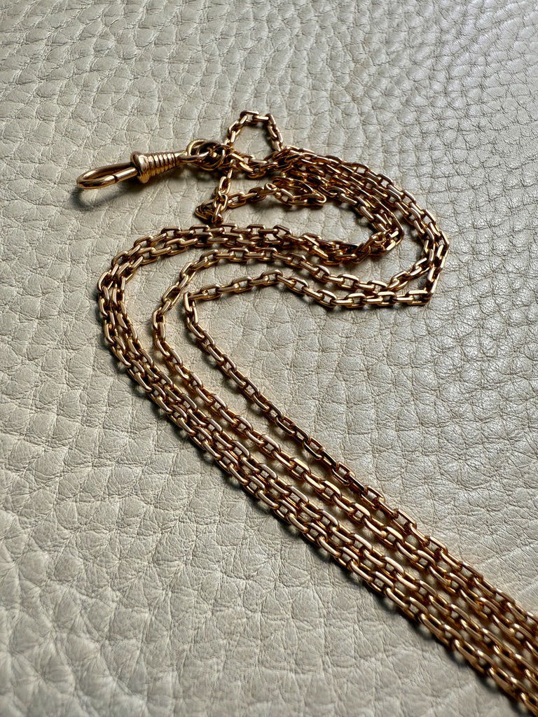 1907 Swedish Antique 18k Longuard Biker Link Necklace with Dog Clip - 49 inch length