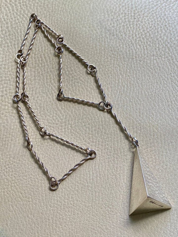 1969 Vintage Sterling Silver Studio Piece - Large Pyramid Pendant on Long Handmade Bar Link Chain Necklace