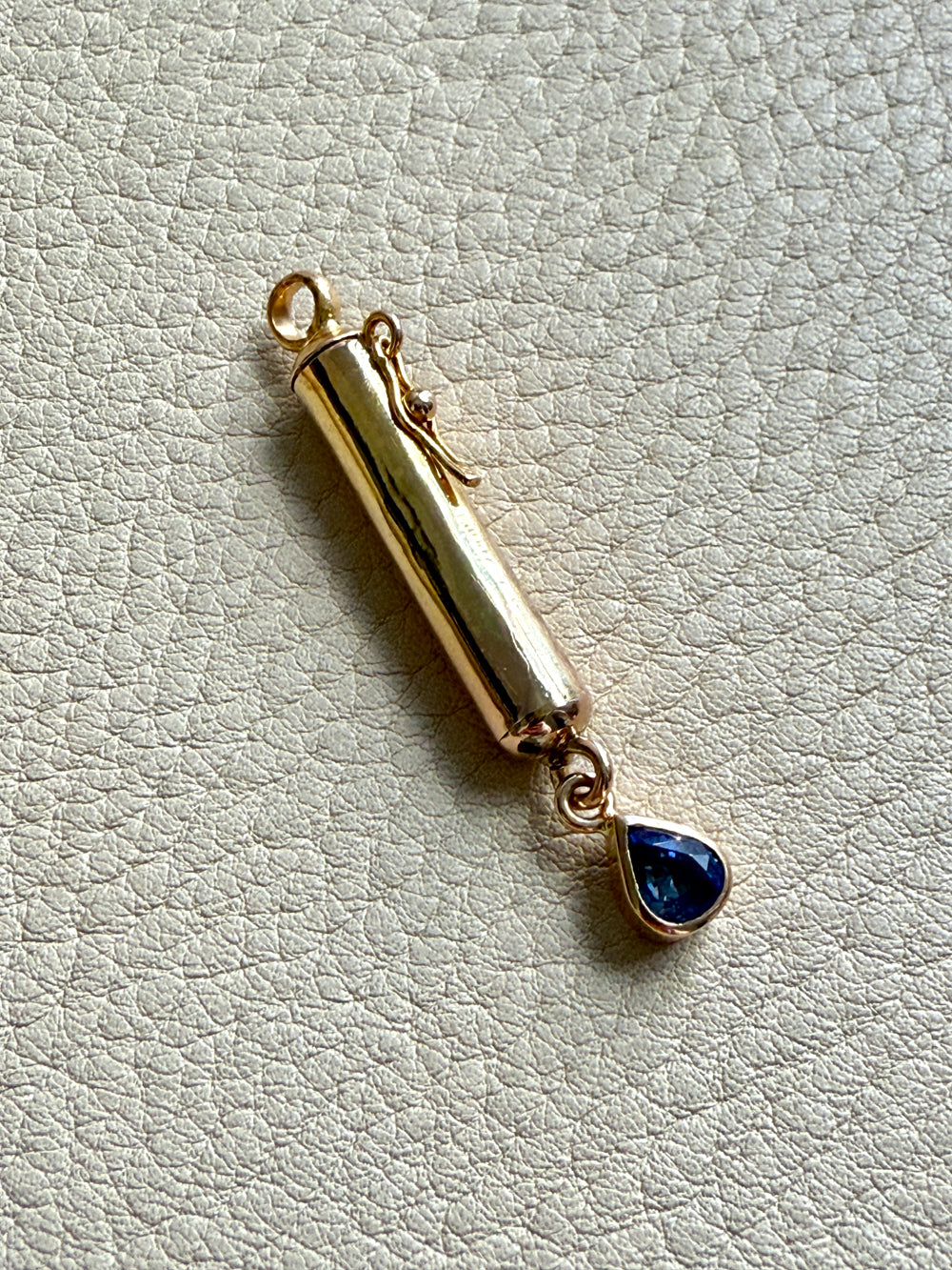 18k Gold Vintage Vessel Pendant with Blue Sapphire Droplet - Poison, Snuff, Secret Message compartment