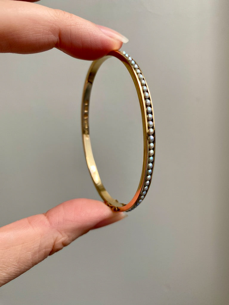 1958 Modernist Swedish 18k Gold Hinged Bangle with Pearls - by Stigbert - 7 inch interior circumference