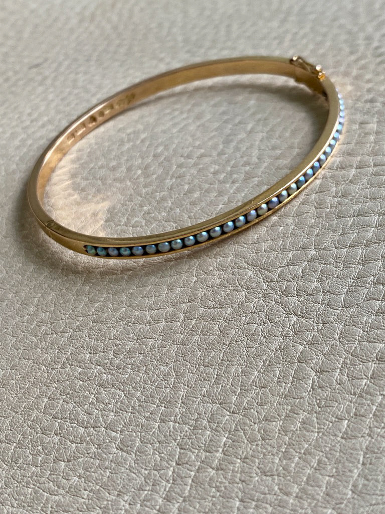 1958 Modernist Swedish 18k Gold Hinged Bangle with Pearls - by Stigbert - 7 inch interior circumference