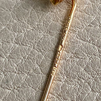 1966 Crenelated 18k Gold and Pearl Hat Pin Brooch with original leather box