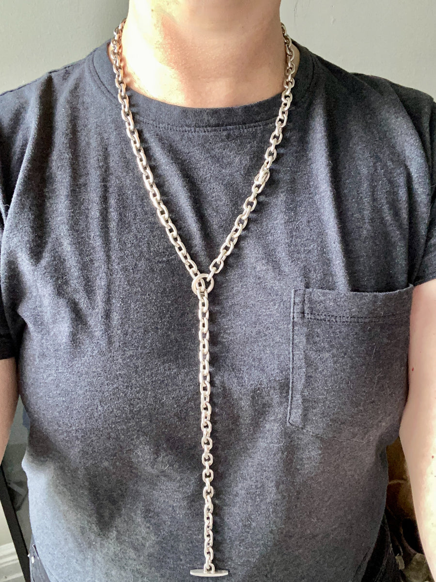 EXCELLENT Chunky Long Sterling Silver Biker Chain Lariat Necklace - Vintage Danish Handmade - 30 inch length