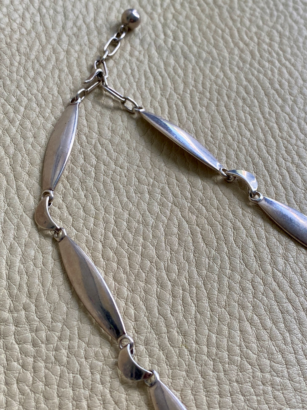 1950s Danish Modernist Almond and Crescent Moon Link Necklace in Sterling Silver by Arne Johansen- Adjustable length 15.6-17.5 inches