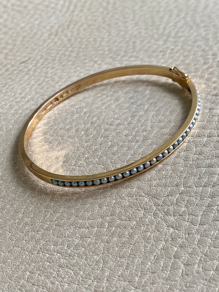 1958 Modernist Swedish 18k Gold Hinged Bangle with Pearls - by Stigbert - 7 inch interior circumference