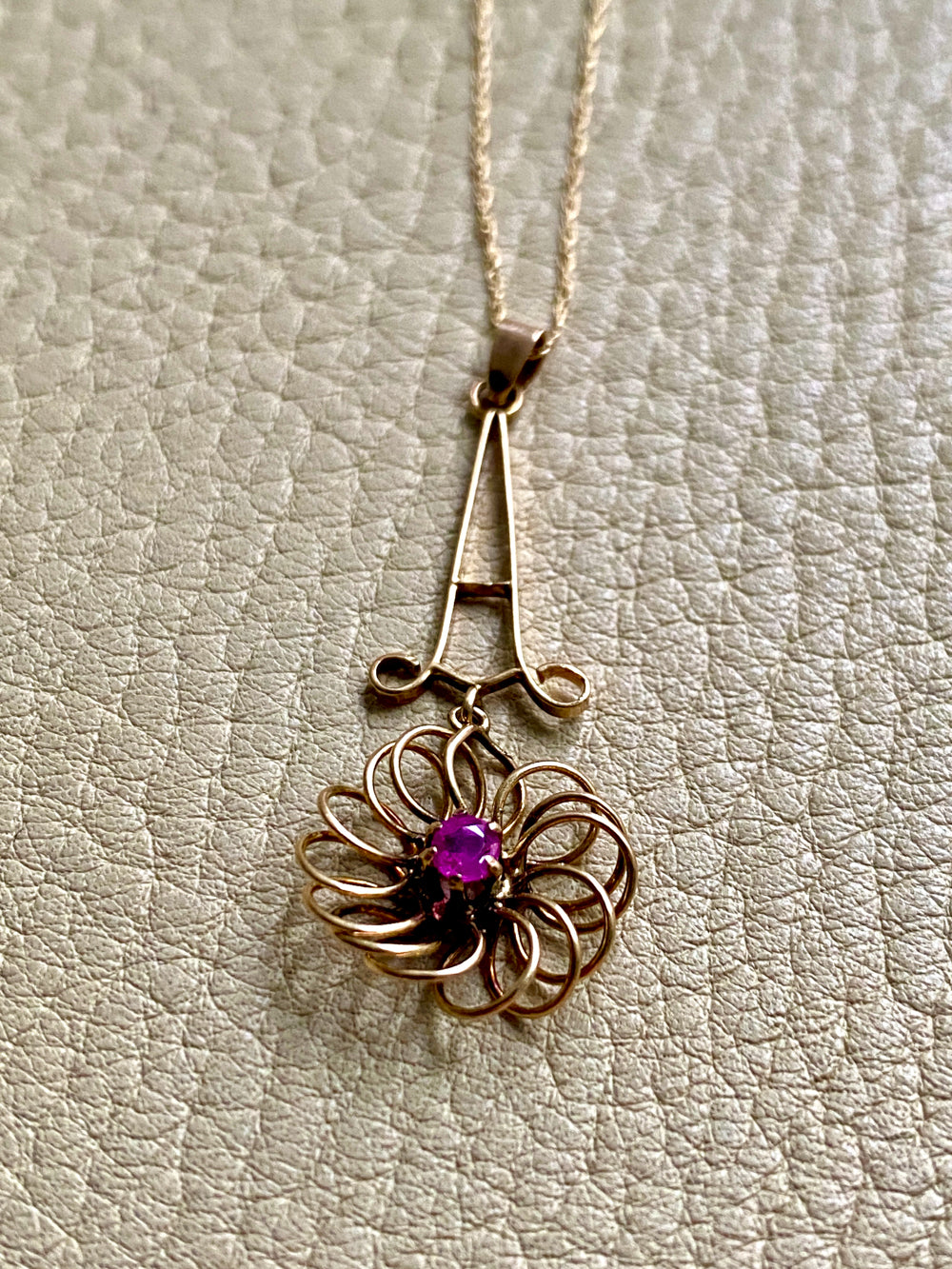 Antique 14k Gold Flower Pendant Necklace with Ruby vintage charm or pendant - 18.25 inch length