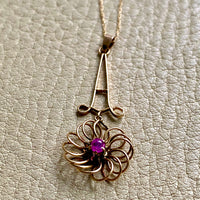 Antique 14k Gold Flower Pendant Necklace with Ruby vintage charm or pendant - 18.25 inch length