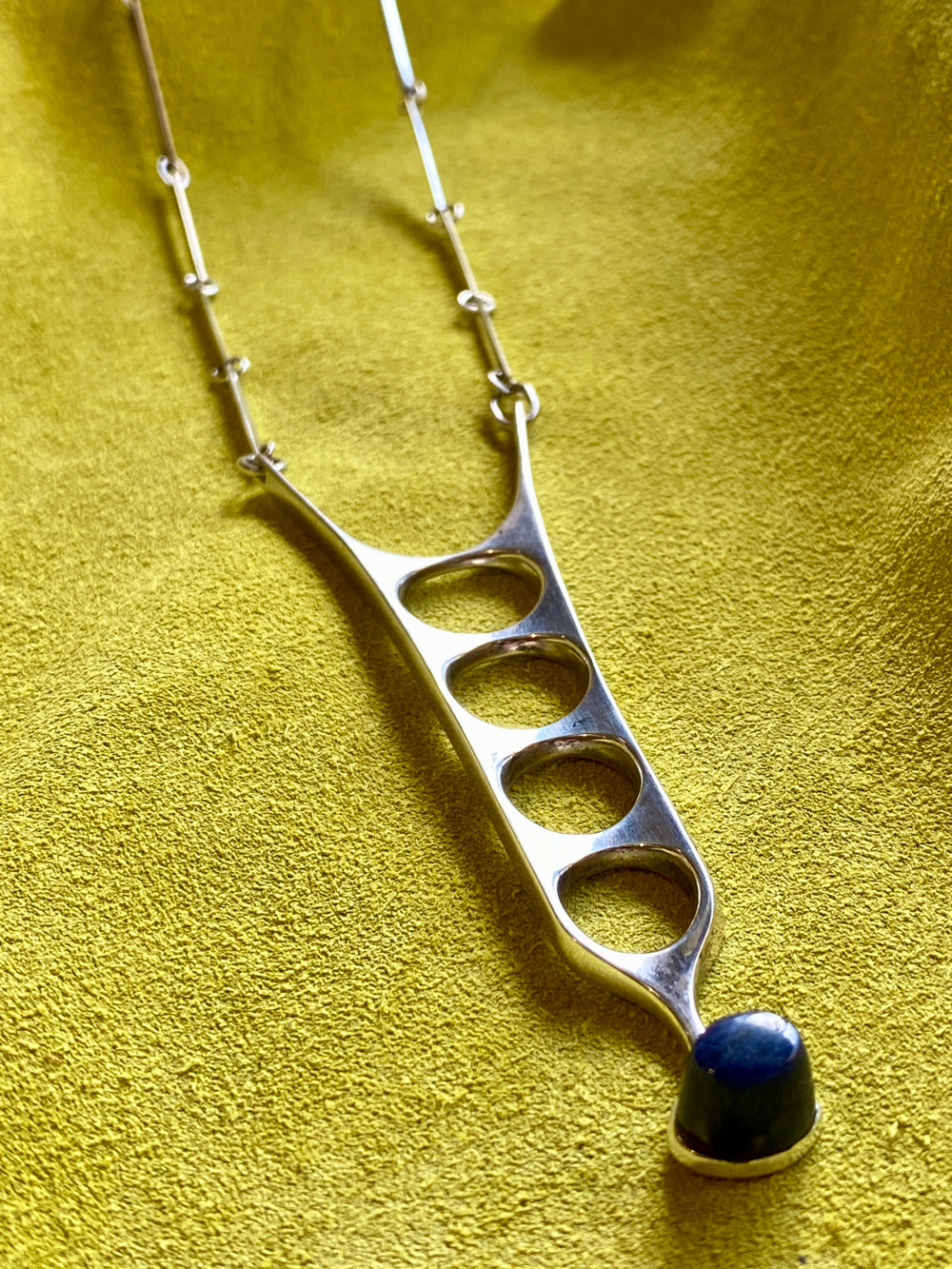 Sterling silver Modernist GeWe Rod Link necklace with Blue Lapis Lazuli stone - 18.9 inch length