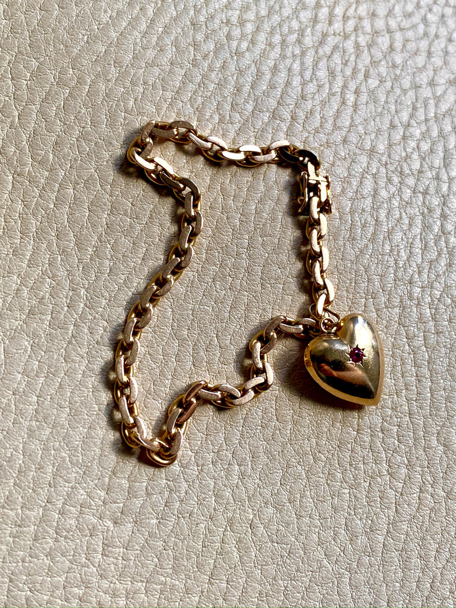 18k Gold Italian Vintage Biker Link Bracelet with 1964 Leap Day Heart set with Ruby - 7.25 inch length