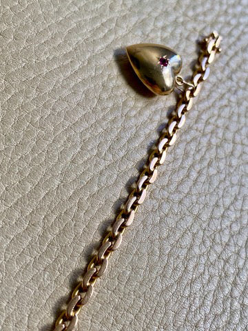 18k Gold Italian Vintage Biker Link Bracelet with 1964 Leap Day Heart set with Ruby - 7.25 inch length