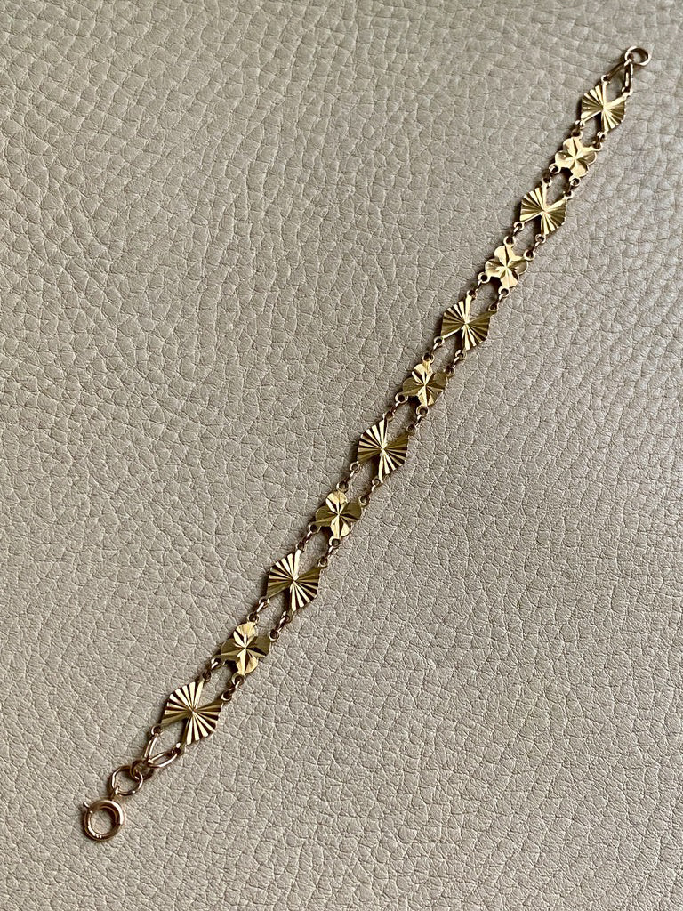 Midcentury Engine Turned 10k Gold Flowers and Fans Link Bracelet - 7.5 inch length