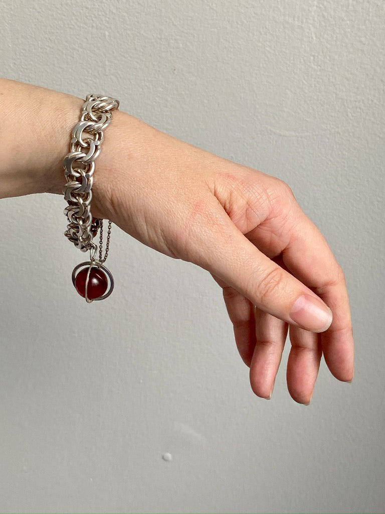 Chunky Sterling Silver Double Link Bracelet with Orb charm - 8 inch length