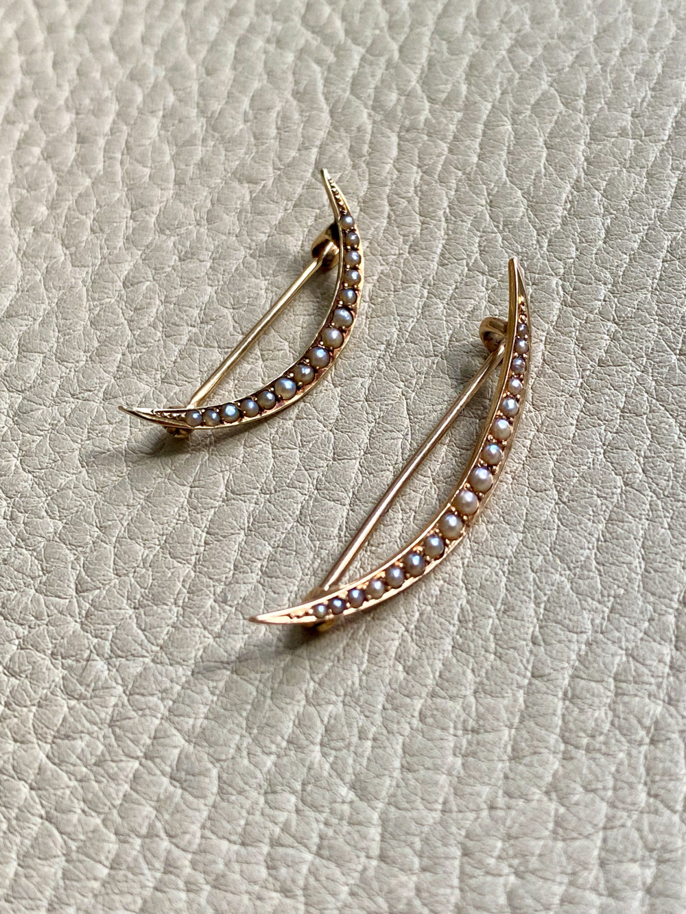 14k Gold Antique Graduated Seed Pearl Crescent Moon Pair of Brooches - Medium & Large