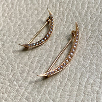 14k Gold Antique Graduated Seed Pearl Crescent Moon Pair of Brooches - Medium & Large