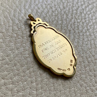 1928 Detailed 18k gold medallion pendant with blue enamel “For 21 years of faithful service”