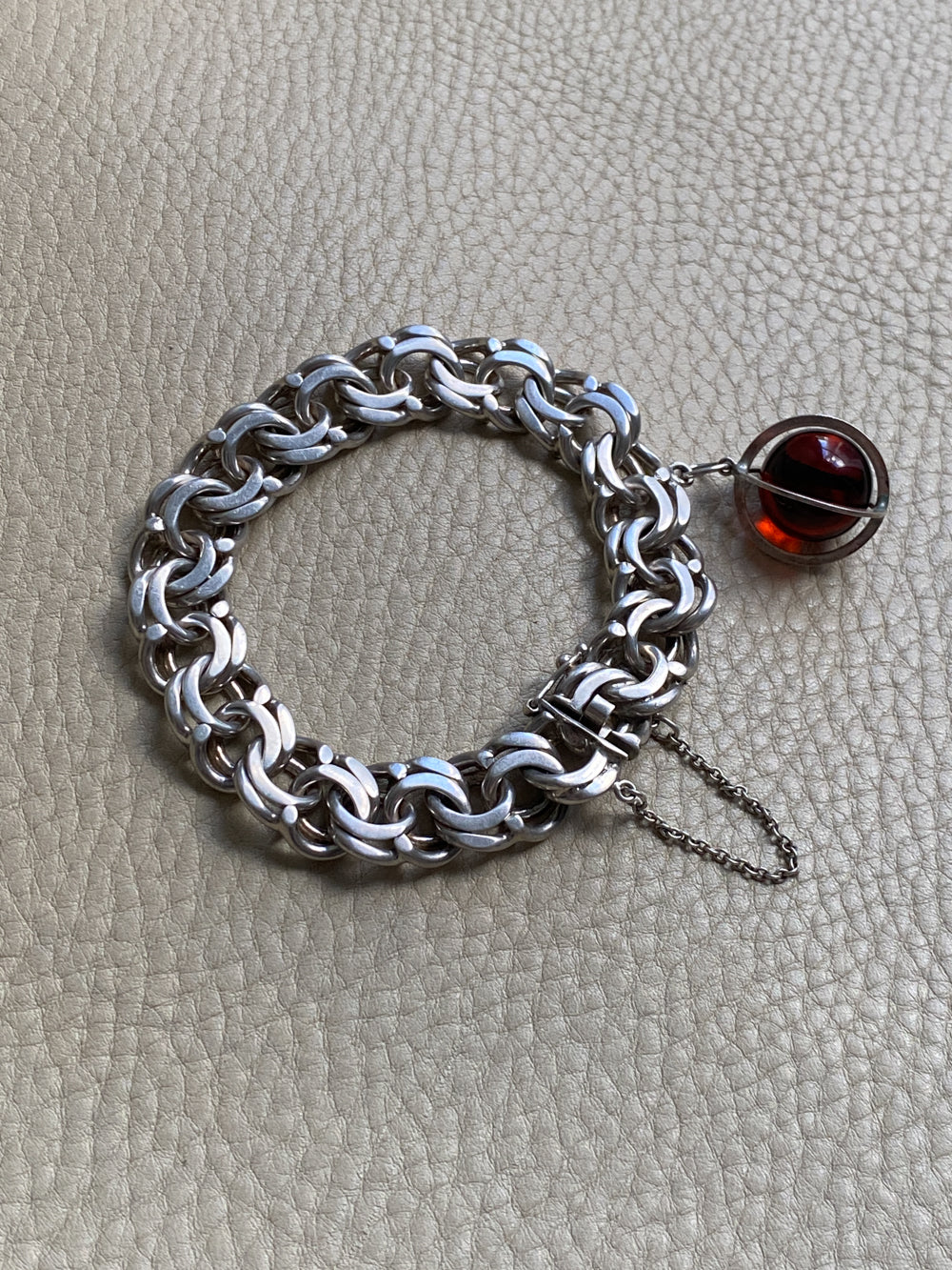 Chunky Sterling Silver Double Link Bracelet with Orb charm - 8 inch length