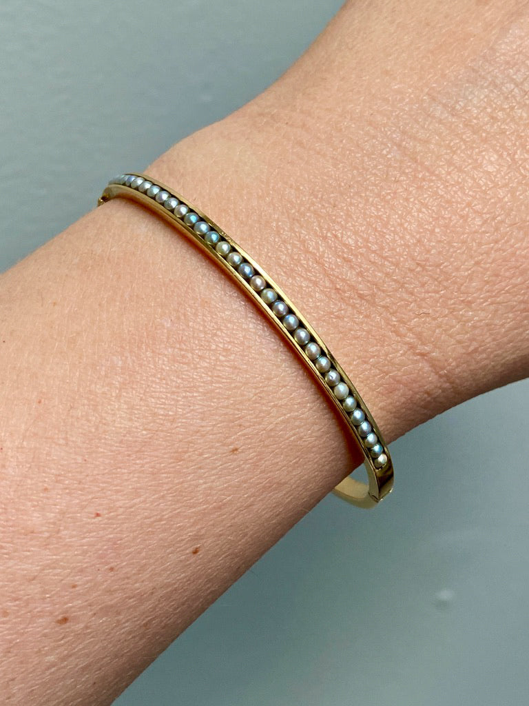 1958 Modernist Swedish 18k Gold Hinged Bangle with Pearls - by Stigbert - 7 inch interior circumference