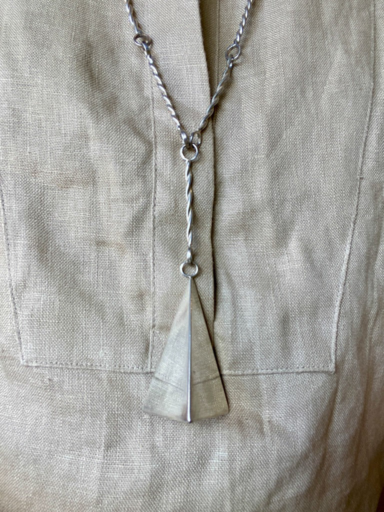 1969 Vintage Sterling Silver Studio Piece - Large Pyramid Pendant on Long Handmade Bar Link Chain Necklace