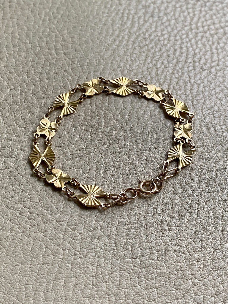 Midcentury Engine Turned 10k Gold Flowers and Fans Link Bracelet - 7.5 inch length