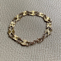 Midcentury Engine Turned 10k Gold Flowers and Fans Link Bracelet - 7.5 inch length