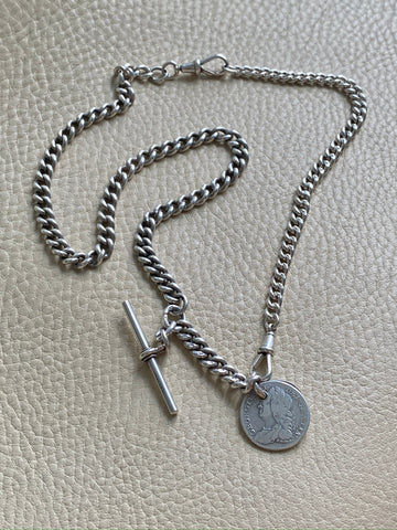 English Antique Sterling Silver Watch Chain with Antique UK Silver Coin Fobs and Extender - necklace length -  23 inch overall length