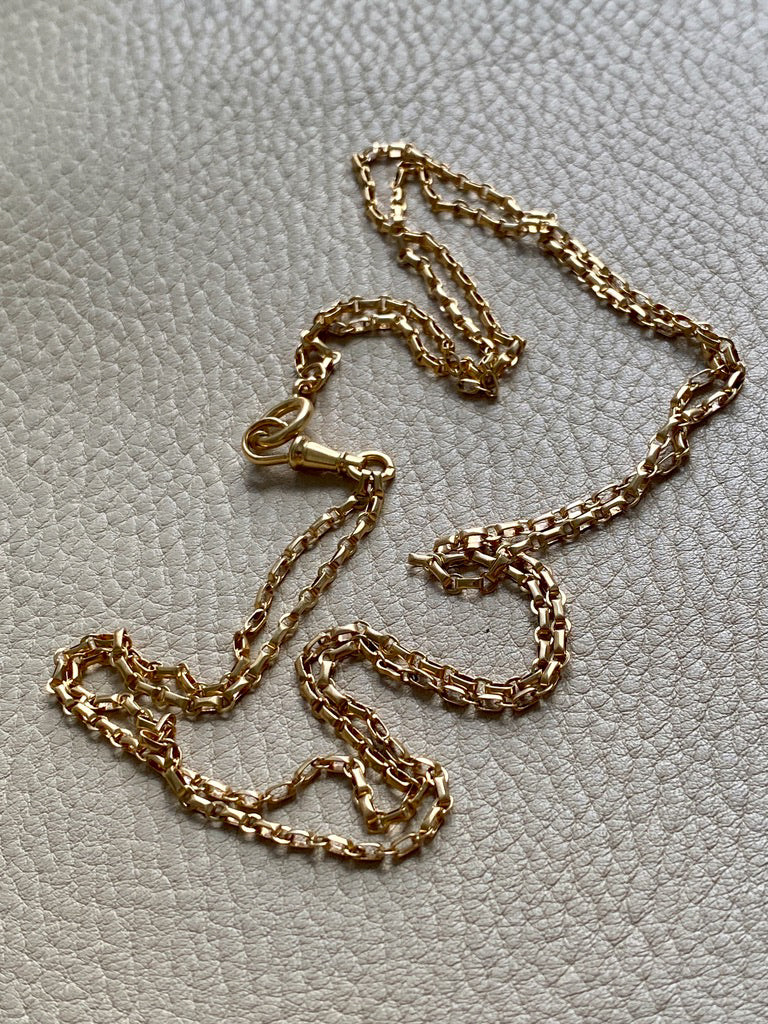 Antique 18k gold Double Strand Skinny Elongated Chain - Longuard Chain with Swivel Dog Clip - 20.25 inch length