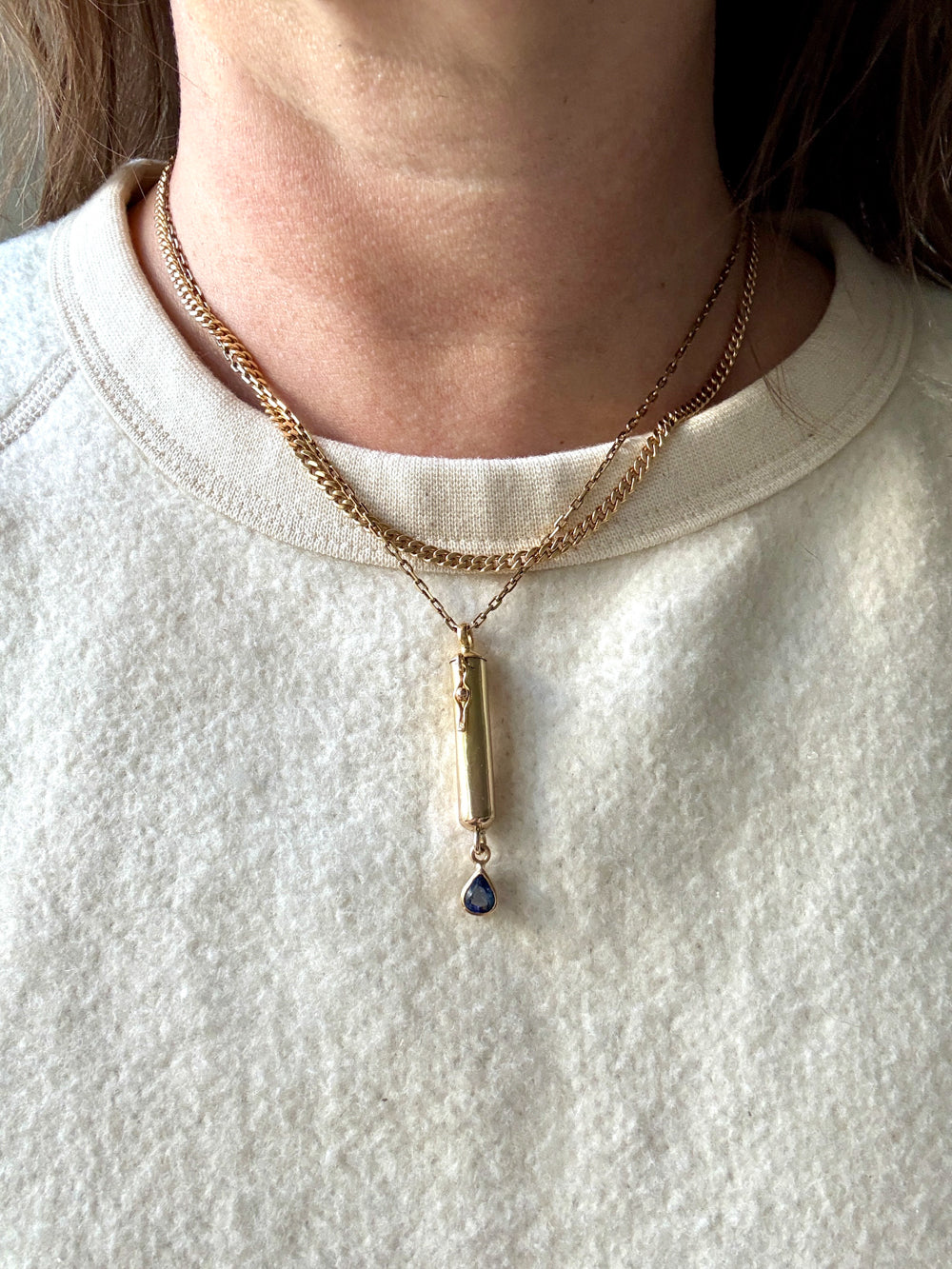 18k Gold Vintage Vessel Pendant with Blue Sapphire Droplet - Poison, Snuff, Secret Message compartment